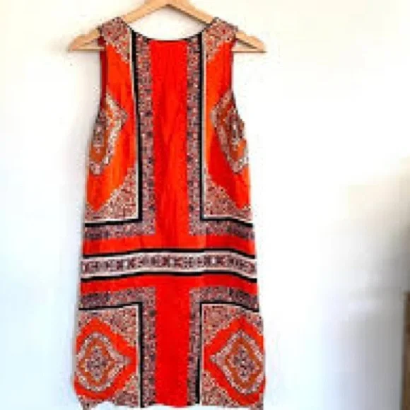 EUC Carmen Elegant Orange Patterned Sleeveless Dress, Lined with Zipper Back - Picture 5 of 12